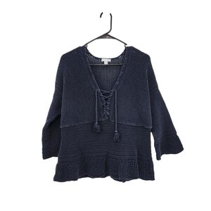 J.Jill Women's Cotton Crochet Lace-Up Cape Sweater - L